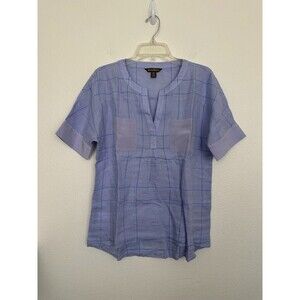 Tommy Bahama Women's Popover Linen Short Sleeve Blouse Blue Grid Size Small NEW